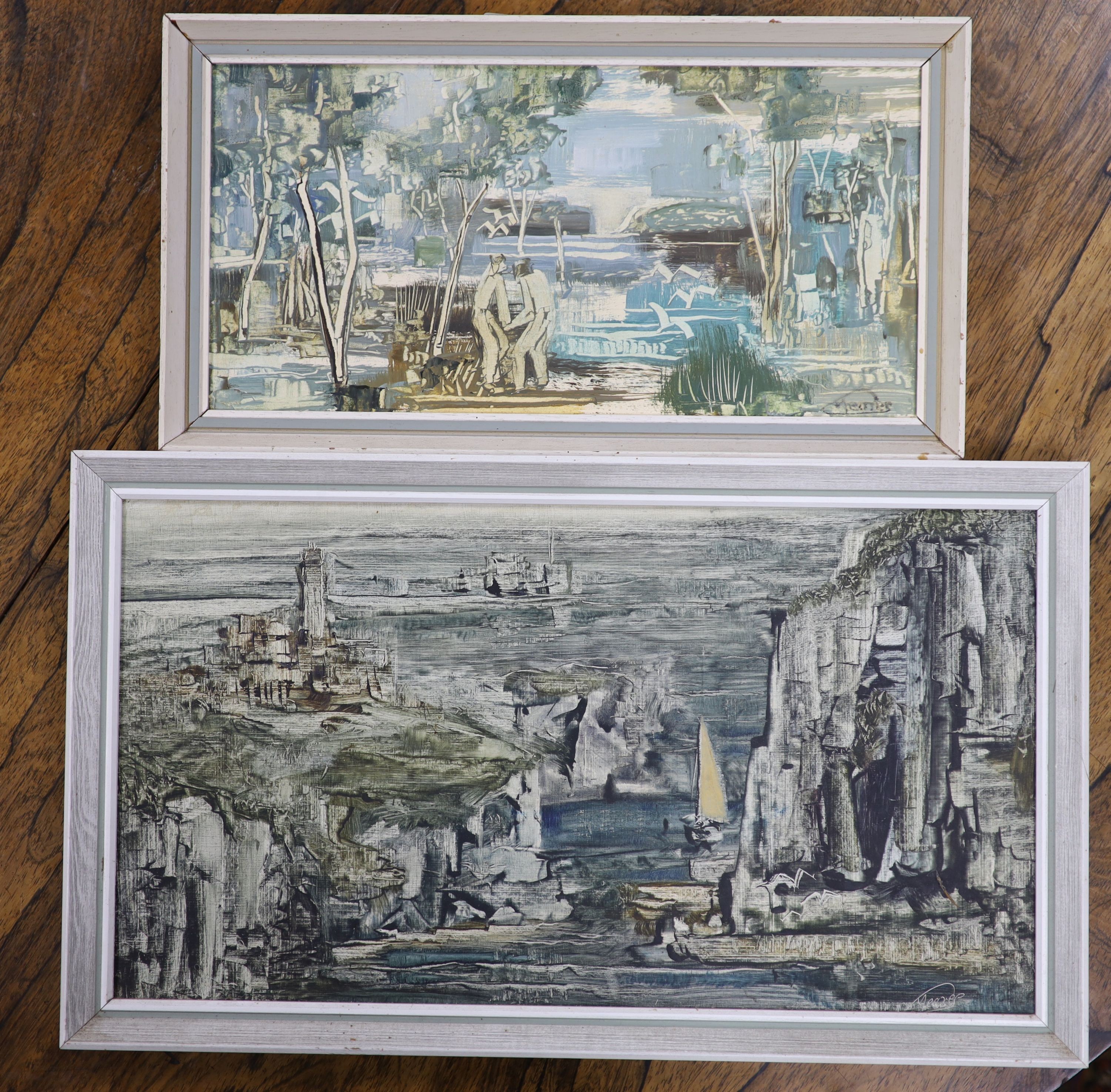 Gerald Meares (1911-1975), two oils on board, Coastal scene and Figures in a landscape, signed, 24 x 45cm and 17 x 34cm